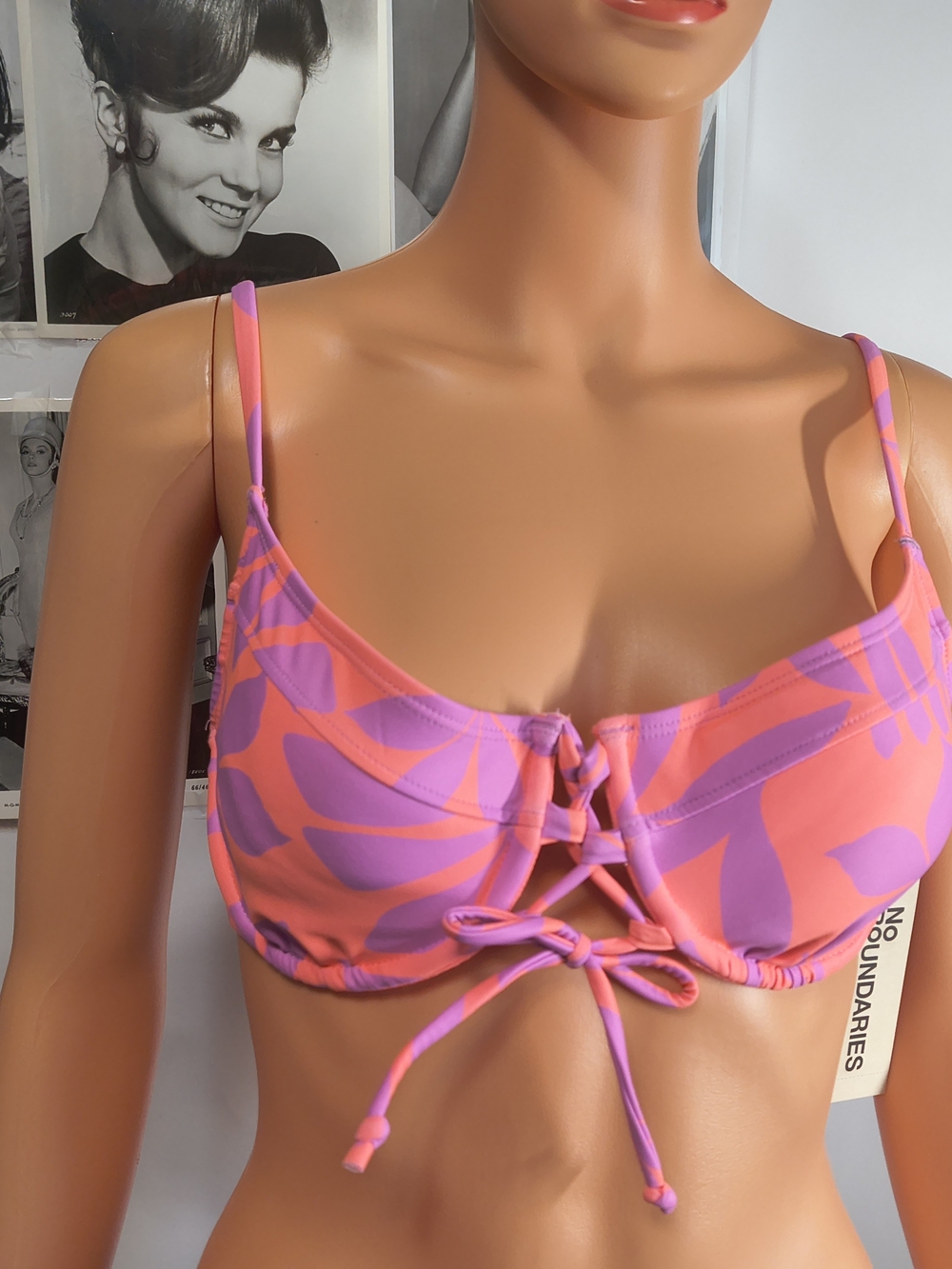 No Boundaries Bikini Top L 12/14 NWT Pink Purple Tie Front Swim Top